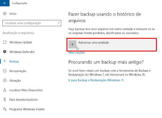 Ativar o backup usando o histórico de arquivos