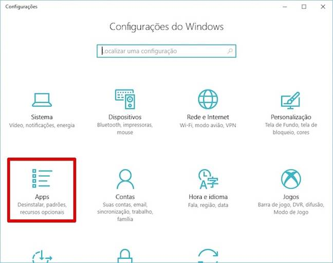 aplicativos nas configurações do Windows