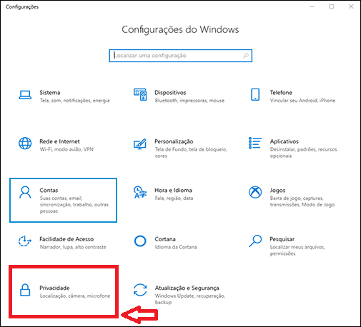 configurações de privacidade do Windows