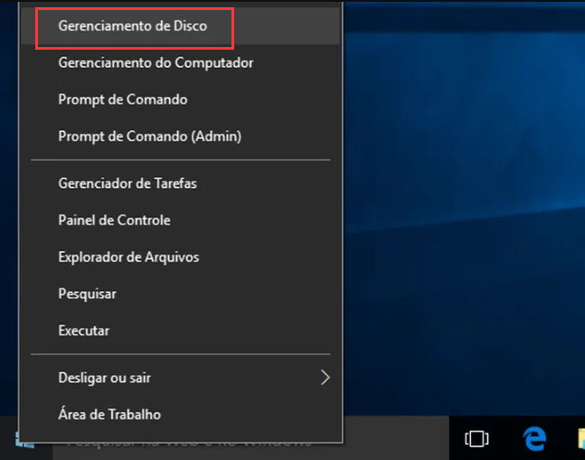 Gerenciamento de disco do Windows Clique com o botão direito do mouse em Iniciar