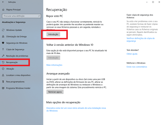 Redefinir para formatar o PC ou laptop nec no Windows 10