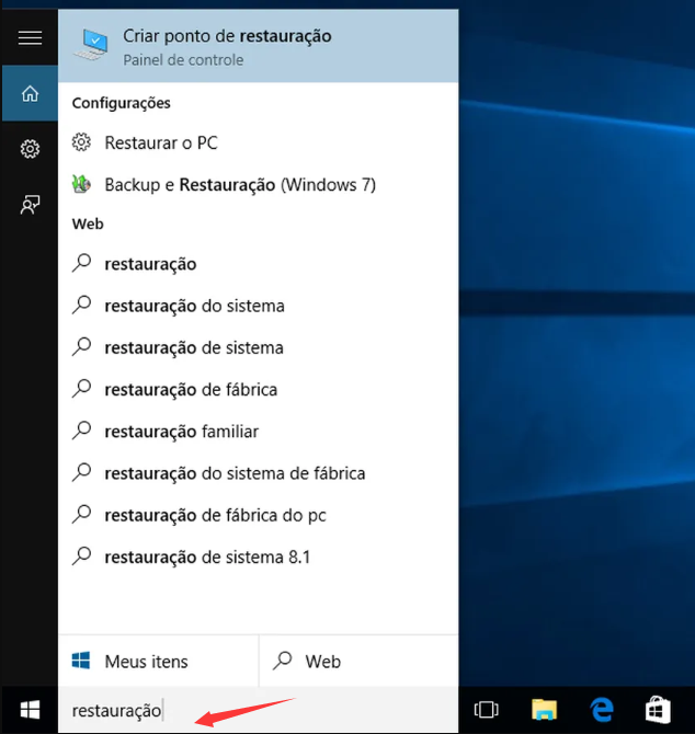 pesquisa para criar um ponto de restauração no Windows