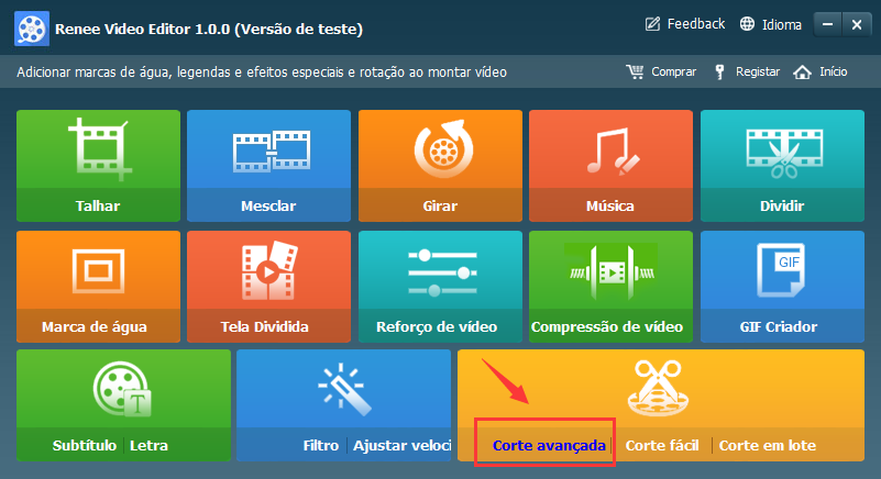 abrir o cortador avançado no editor de vídeo da renee