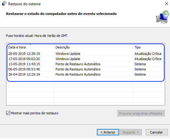 visualizar pontos de restauração do sistema