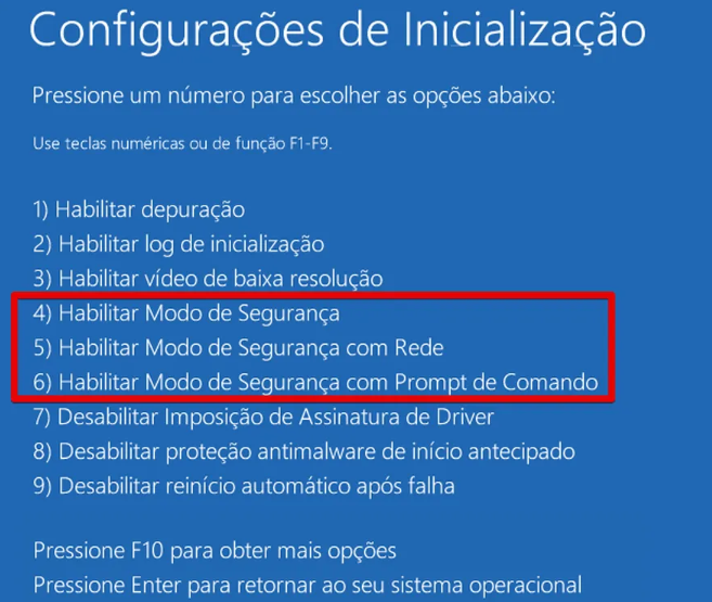 configurações de inicialização modo de segurança do Windows 10