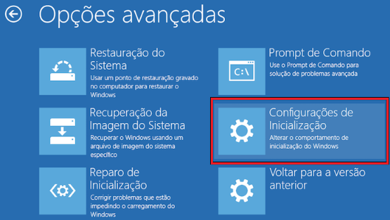 selecionar configurações de inicialização em opções avançadas