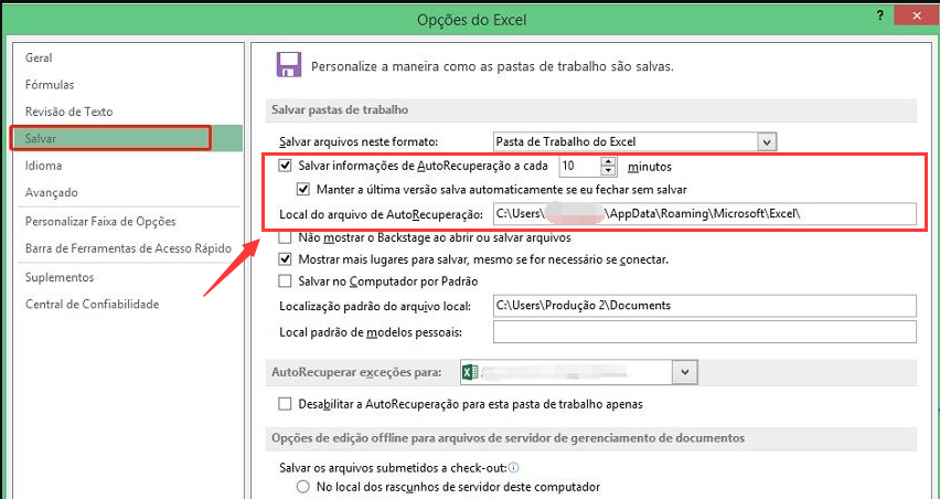 Abrir opções de salvamento automático de arquivos do Word