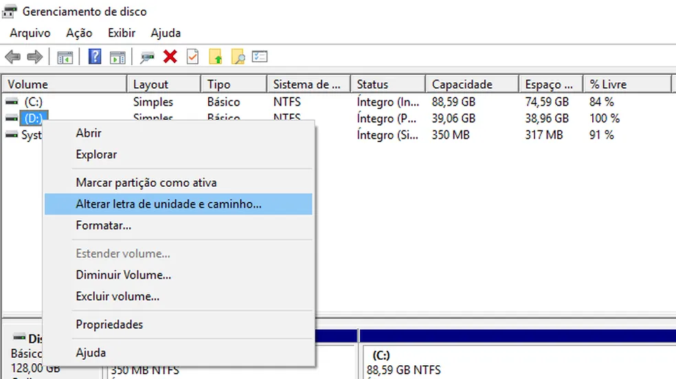 alterar a letra da unidade no gerenciamento de disco