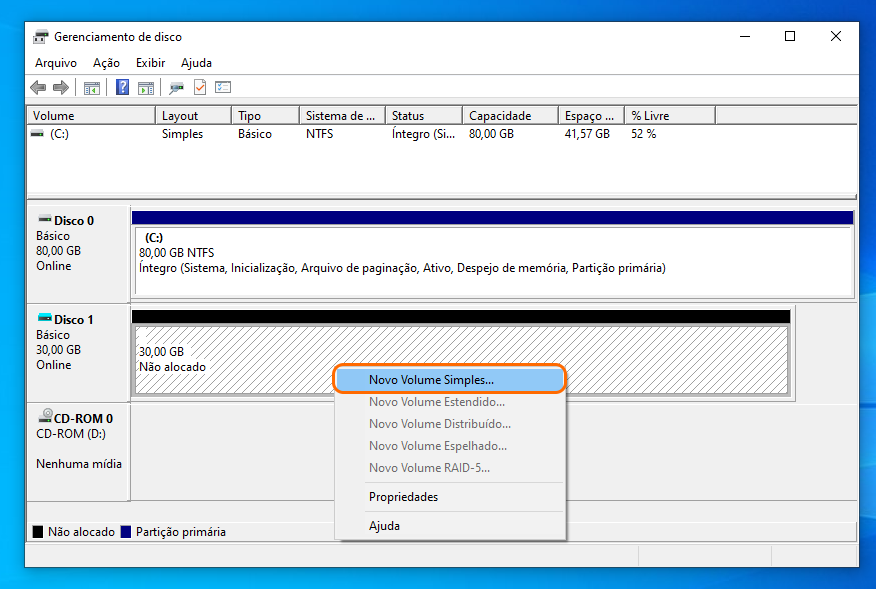 adicionar um novo volume simples para inicializar o disco no gerenciamento de disco