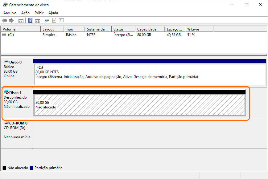 o disco é mostrado como desconhecido e não inicializado