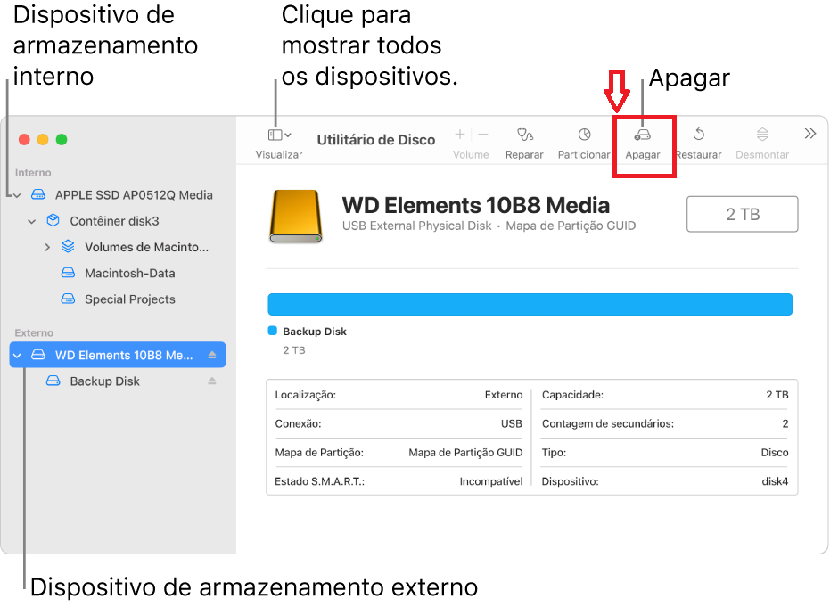 apagar a unidade de disco rígido quando ela não estiver aparecendo no mac