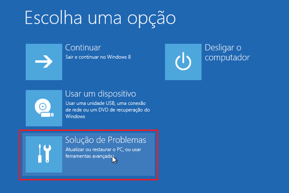 selecionar para executar a solução de problemas da tela de opções de recuperação do Windows