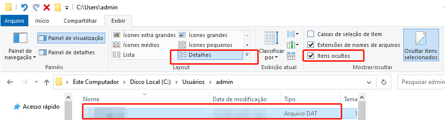 itens ocultos do explorador de arquivos