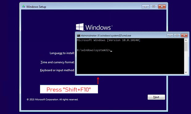 Pressione shift + F10 para abrir a janela do prompt de comando no disco de instalação do Windows